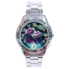 Roses Water Lilies Watercolor Stainless Steel Analogue Watch by Ravend