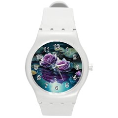 Roses Water Lilies Watercolor Round Plastic Sport Watch (m) by Ravend