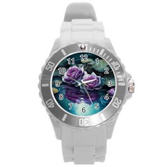 Roses Water Lilies Watercolor Round Plastic Sport Watch (l) by Ravend