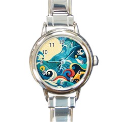 Waves Ocean Sea Abstract Whimsical (2) Round Italian Charm Watch by Jancukart