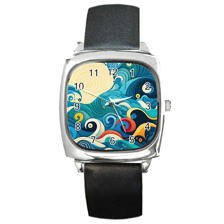 Waves Ocean Sea Abstract Whimsical (2) Square Metal Watch