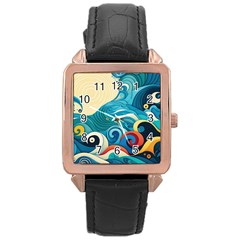 Waves Ocean Sea Abstract Whimsical (2) Rose Gold Leather Watch 