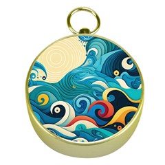 Waves Ocean Sea Abstract Whimsical (2) Gold Compasses