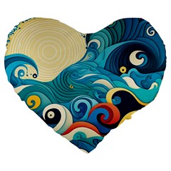 Waves Ocean Sea Abstract Whimsical (2) Large 19  Premium Flano Heart Shape Cushions