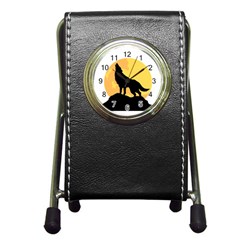 Wolf Wild Animal Night Moon Pen Holder Desk Clock by Semog4