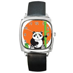 Panda Animal Orange Sun Nature Square Metal Watch by Semog4