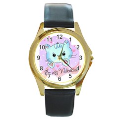 Cat Valentine-s Day Valentine Round Gold Metal Watch by Semog4