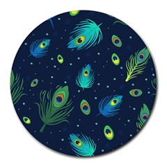 Blue Background Pattern Feather Peacock Round Mousepad by Semog4