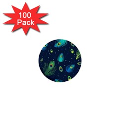 Blue Background Pattern Feather Peacock 1  Mini Buttons (100 Pack)  by Semog4