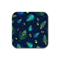 Blue Background Pattern Feather Peacock Rubber Square Coaster (4 Pack) by Semog4