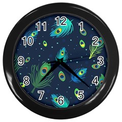 Blue Background Pattern Feather Peacock Wall Clock (black) by Semog4