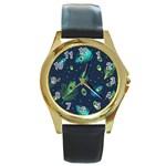 Blue Background Pattern Feather Peacock Round Gold Metal Watch Front