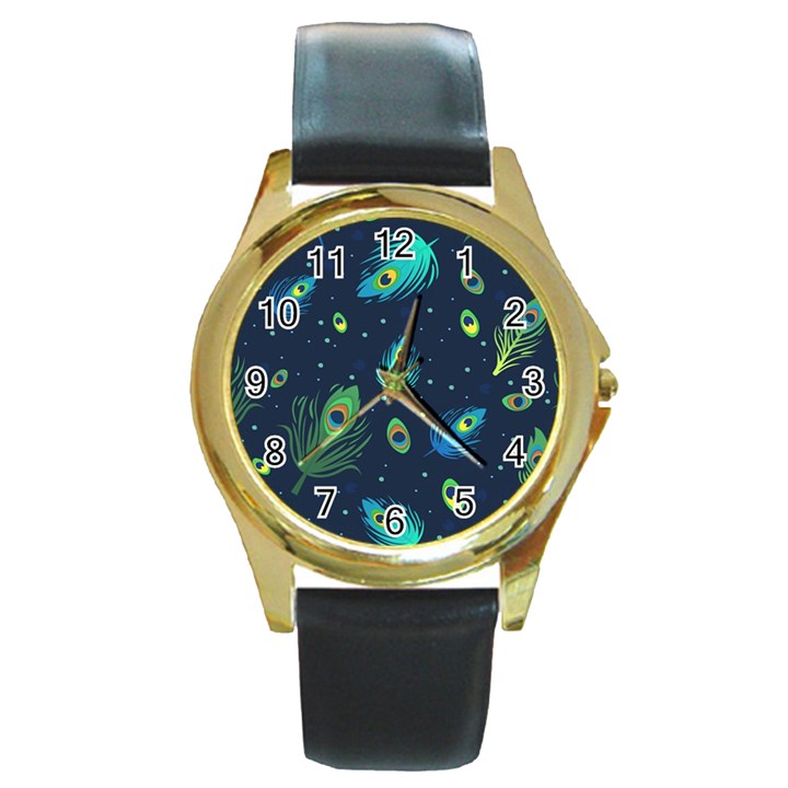 Blue Background Pattern Feather Peacock Round Gold Metal Watch