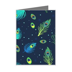 Blue Background Pattern Feather Peacock Mini Greeting Card by Semog4