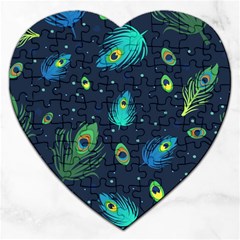 Blue Background Pattern Feather Peacock Jigsaw Puzzle (heart) by Semog4