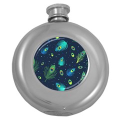 Blue Background Pattern Feather Peacock Round Hip Flask (5 Oz) by Semog4