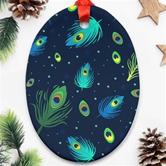 Blue Background Pattern Feather Peacock Oval Ornament (two Sides) by Semog4