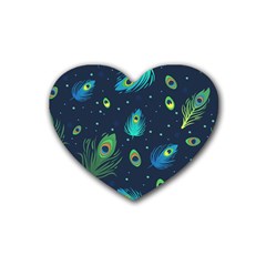 Blue Background Pattern Feather Peacock Rubber Coaster (heart) by Semog4