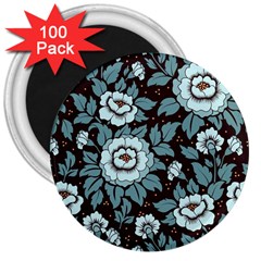 Vintage Floral Pattern Blue Damask Pattern Blue Vintage 3  Magnets (100 Pack) by Semog4