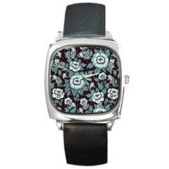 Vintage Floral Pattern Blue Damask Pattern Blue Vintage Square Metal Watch by Semog4