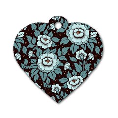 Vintage Floral Pattern Blue Damask Pattern Blue Vintage Dog Tag Heart (two Sides) by Semog4