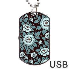 Vintage Floral Pattern Blue Damask Pattern Blue Vintage Dog Tag Usb Flash (one Side) by Semog4