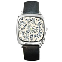 Vintage Background Blue Roses Rose Pattern Retro Square Metal Watch by Semog4