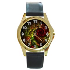 Green And Red Lights Wallpaper Fractal Digital Art Artwork Round Gold Metal Watch by Semog4