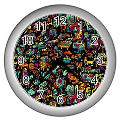 Cartoon Monster Pattern Abstract Background Wall Clock (silver) by Semog4