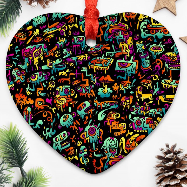 Cartoon Monster Pattern Abstract Background Heart Ornament (Two Sides)