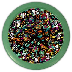 Cartoon Monster Pattern Abstract Background Color Wall Clock by Semog4