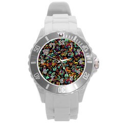 Cartoon Monster Pattern Abstract Background Round Plastic Sport Watch (l) by Semog4