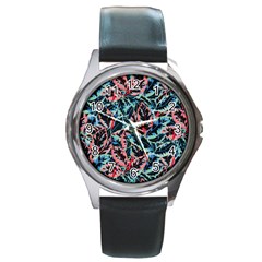 Leaves Leaf Pattern Patterns Colorfu Round Metal Watch by Semog4