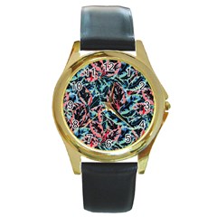 Leaves Leaf Pattern Patterns Colorfu Round Gold Metal Watch by Semog4