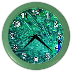 Green And Blue Peafowl Peacock Animal Color Brightly Colored Color Wall Clock by Semog4