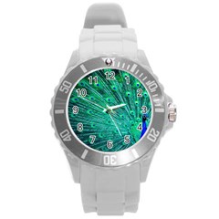 Green And Blue Peafowl Peacock Animal Color Brightly Colored Round Plastic Sport Watch (L)