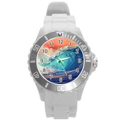 Artistic Wave Sea Round Plastic Sport Watch (l) by Semog4