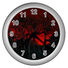 Dark Forest Jungle Plant Black Red Tree Wall Clock (silver) by Semog4