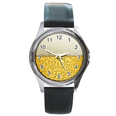 Texture Pattern Macro Glass Of Beer Foam White Yellow Art Round Metal Watch by Semog4