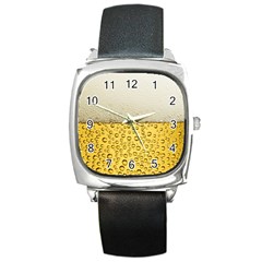 Texture Pattern Macro Glass Of Beer Foam White Yellow Art Square Metal Watch by Semog4