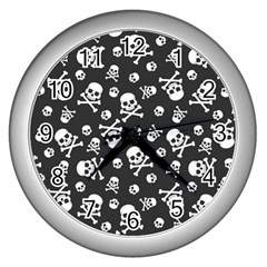 Skull-crossbones-seamless-pattern-holiday-halloween-wallpaper-wrapping-packing-backdrop Wall Clock (silver) by Ravend