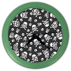 Skull-crossbones-seamless-pattern-holiday-halloween-wallpaper-wrapping-packing-backdrop Color Wall Clock by Ravend