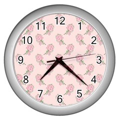 Flowers Bloom Blossom Pastel Pink Pattern Wall Clock (silver)