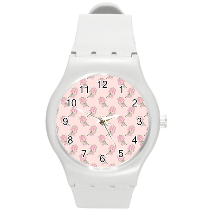 Flowers Bloom Blossom Pastel Pink Pattern Round Plastic Sport Watch (M)