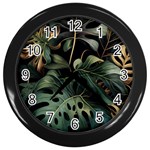 Tropical Leaves Leaf Foliage Monstera Nature Home Wall Clock (Black) Front