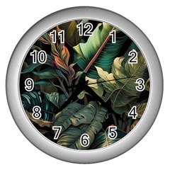 Tropical Leaf Leaves Foliage Monstera Nature Wall Clock (silver)