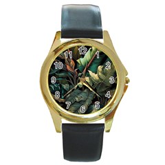 Tropical Leaf Leaves Foliage Monstera Nature Round Gold Metal Watch