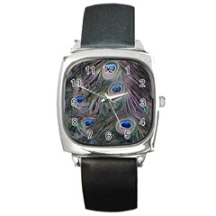 Peacock Feathers Peacock Bird Feathers Square Metal Watch