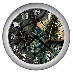 Tropical Leaves Foliage Monstera Nature Home Wall Clock (Silver)