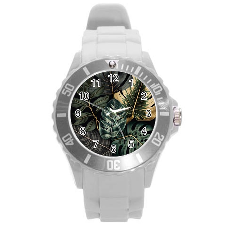 Tropical Leaves Foliage Monstera Nature Home Round Plastic Sport Watch (L)